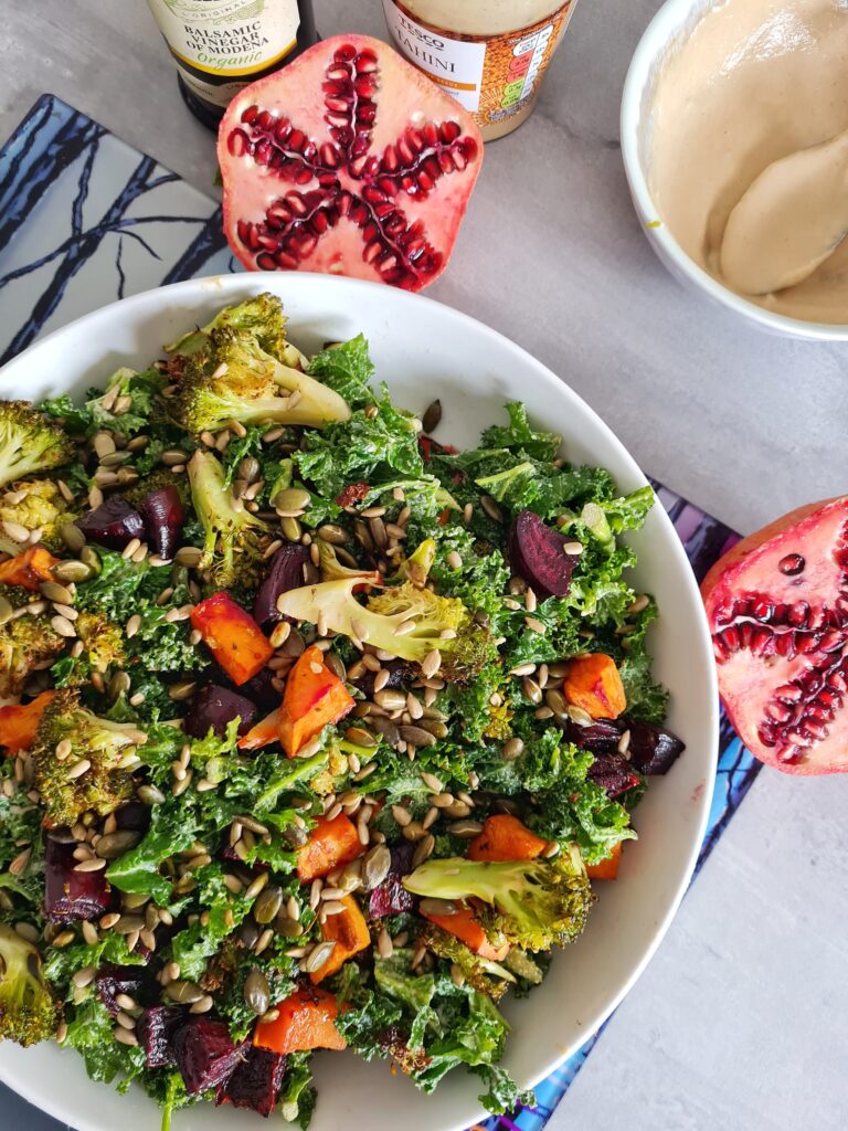 Roasted vegetable and kale salad with creamy tahini dressing